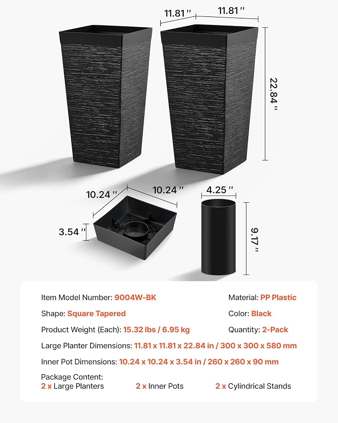 VEVOR Set of 2 Tall Planters for Outdoor Plants 23 inch, Black Tall Planter for Indoor Plants, Modern Planters for Front Porch Patio Balcony, Plant Container Flower Pots with Built-in Drainage