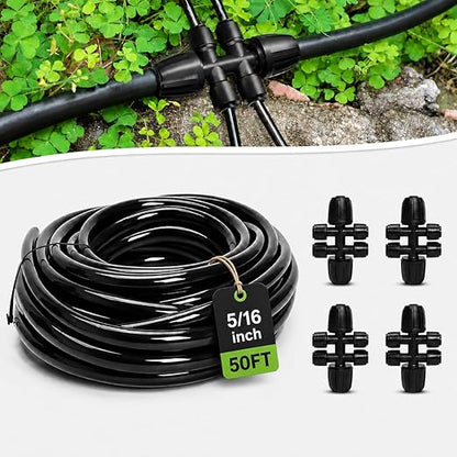 Bonviee 50FT 5/16 Inch Mainline Tubing with 6-Way Couplers, 4-Pack | Compact Mainline Kit for DIY Irrigation. Four Push-to-Connect 6-Way Couplers Help Create Branches in Raised Beds and Gardens.