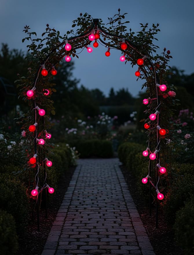 LED Valentine’s Day String Lights, 25Ft Valentines Decorations Outdoor | 25+2 G40 Round Bulbs, Connectable, Shatterproof Hanging Indoor Fairy Lights for Wedding Date Patio, Frosted Red Pink