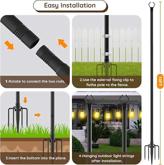 AILBTON 10Ft String Light Poles 10 Pack,Light Poles for Outside Lights,Outdoor with Fence Brackets Hanging Lights,Metal Stand Deck Patio Backyard