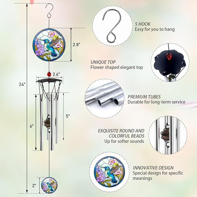 Wind Chimes for Outside 24" Hummingbird Wind Chimes Outdoor Home Patio Garden Decor Hummingbird Gifts Windchimes Outdoors Gift Ideas for Women Mom Grandma Sisters