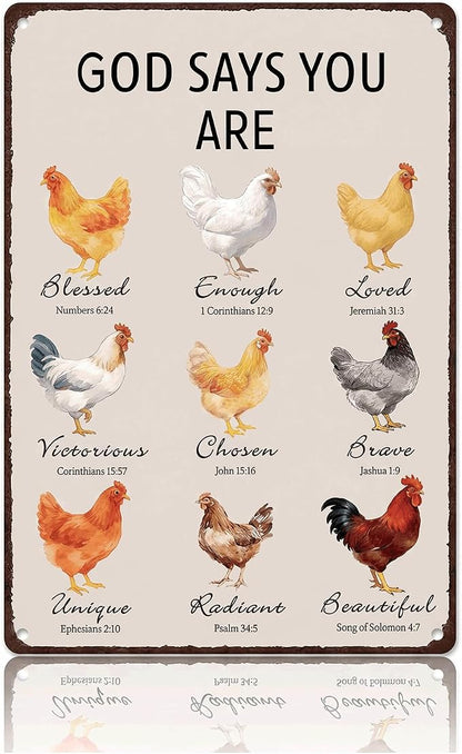 Christian Chicken Tin Sign Bible Verse 8x12 Inch, Watercolor Rooster “God Says You Are” Metal Wall Decor, Religious Encouragement Gift for Farmhouse, Kitchen, Garden, Coop and Chicken Lovers