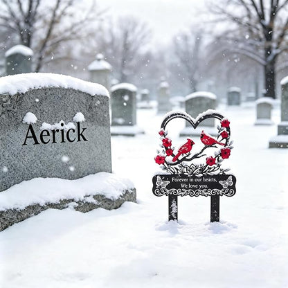 Red Cardinals Cemetery Decorations for Grave, Forever in Our Hearts We Miss You Metal Grave Marker for Outdoors Yard Garden Sympathy Decor, Memorial Plaque Stake for Remembrance Son Mom Dad