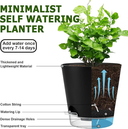 QRRICA 5/5.5/6/6.5/7/8 inch Self Watering Pot Set, Visible Water Level Planter with Transparent Reservoir & Drainage Holes, Plastic Flower Pots with Cotton Rope for Indoor/Outdoor Use (Black)