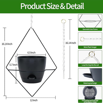 Koalaime Hanging Planters for Indoor Plants, 2 Set Self Watering Hanging Flower Pots, Modern Hanging Plant Baskets with Metal Plant Holder & 6.5 Inch Plastic Pots for Garden Home Decor (Black)
