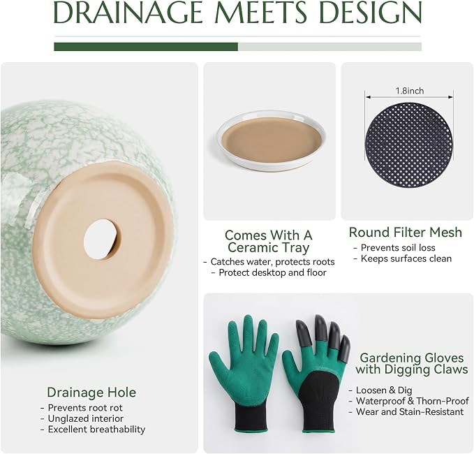 10.2 Inch Ceramic Planter with Saucer Leak-Proof Mesh &Drainage, Round Plant Pot with Gardening Gloves for Indoor Outdoor Plants (Jade Green)