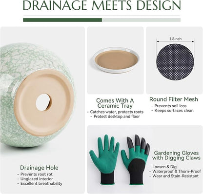10.2 Inch Ceramic Planter with Saucer Leak-Proof Mesh &Drainage, Round Plant Pot with Gardening Gloves for Indoor Outdoor Plants (Jade Green)