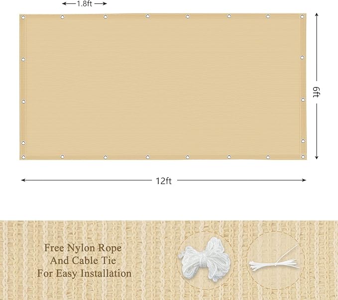 90% Outdoor Sun Shade Cloth, 6’ x 12’, Pergola, Deck, and Backyard Patio Sunshade with UV Protection, Heat Resistant HDPE Material, Reinforced Grommets (6x12 FT,Wheat)