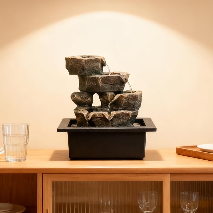 Indoor Tabletop Rock Waterfall Fountain with Warm Light & Stacked Stone for Home Office Desk Decor, Zen Resin Water Feature for Relaxation