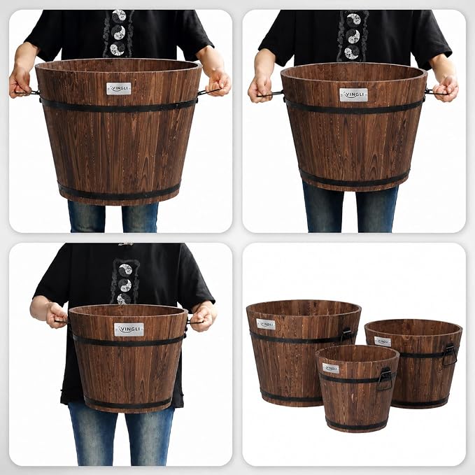 VINGLI 3 PCS Large Wooden Planter Barrel Set, 11.5"(Dia)- 18"(Dia) Real Wood Indoor/Outdoor Flower Pot w/Drainage Holes, Different Sizes, Large Garden Container Box