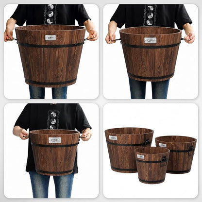 VINGLI 3 PCS Large Wooden Planter Barrel Set, 11.5"(Dia)- 18"(Dia) Real Wood Indoor/Outdoor Flower Pot w/Drainage Holes, Different Sizes, Large Garden Container Box