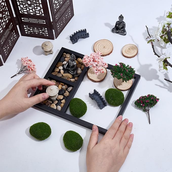 WEBEEDY Mini Zen Garden Kit for Desk, Japanese Mini Sand Box Set DIY Desktop Meditation Set Includes Sand, Buddha Statue & Rake for Home Office Desk Yoga Zen Decor Spiritual Gift, 8.5x6.8 Inch