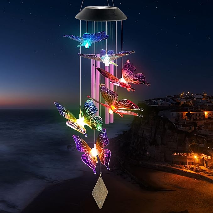 Purple Butterfly Wind Chimes Outdoor, Butterfly Garden,Glow in The Dark Garden Decor with Iron Metal Pendant Patio Hanging Ornaments for Yard Tree Outside, Unique Nature Gifts for Women Mom