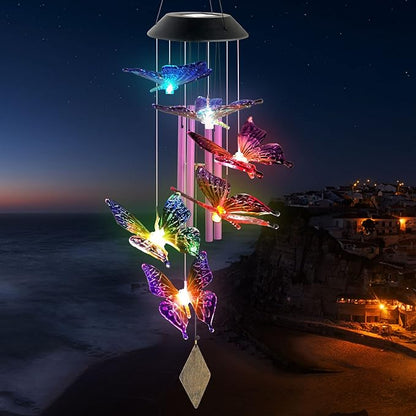 Purple Butterfly Wind Chimes Outdoor, Butterfly Garden,Glow in The Dark Garden Decor with Iron Metal Pendant Patio Hanging Ornaments for Yard Tree Outside, Unique Nature Gifts for Women Mom