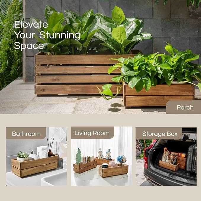THYOI Premium Wooden Planter Box, Storage Box 17" L x6 W x5.5 H with Crate Style, Acacia Wood Flower Container, Rustic Rectangle Planter for Planting, Decor and Storage - 3 Colors (Natural)