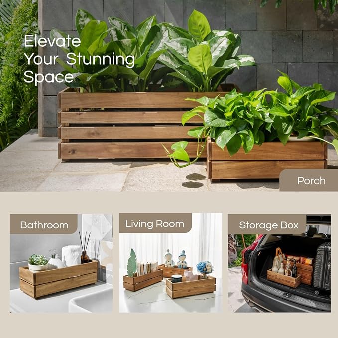 THYOI Premium Wooden Planter Box, Storage Box 17" L x6 W x5.5 H with Crate Style, Acacia Wood Flower Container, Rustic Rectangle Planter for Planting, Decor and Storage - 3 Colors (Golden Walnut)