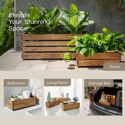 THYOI Premium Wooden Planter Box, Storage Box 17" L x6 W x5.5 H with Crate Style, Acacia Wood Flower Container, Rustic Rectangle Planter for Planting, Decor and Storage - 3 Colors (Golden Walnut)