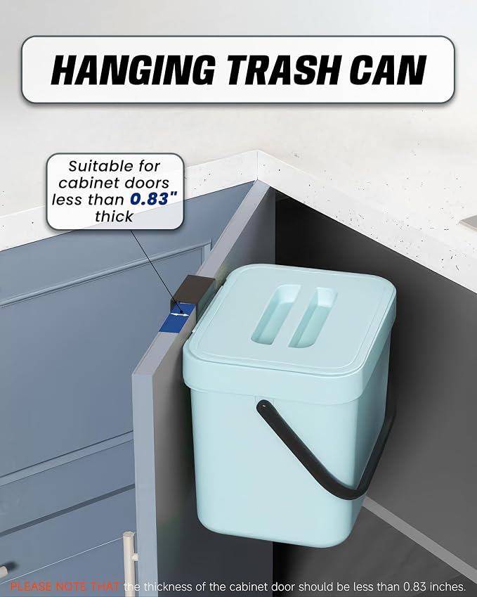 1.8 Gallons Hanging Trash Can with Lid – Kitchen Garbage Bin for Under Sink, Wall Mount, Cabinet Door Waste Bin for Kitchen, Bathroom, Laundry – 7L(Subtle Blue)