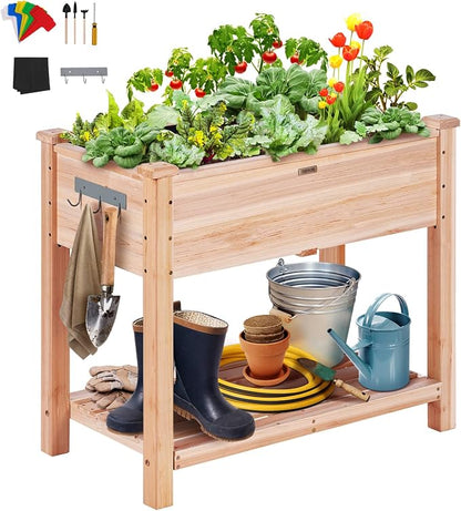 VEVOR Raised Garden Bed 34x18x30in with Sturdy Legs, High End Natural Fir Wood Planter Box Elevated Planting Stand for Backyard/Garden/Patio/Balcony w/Non -Woven Liner & 1 Set of Tool, 165lb Capacity