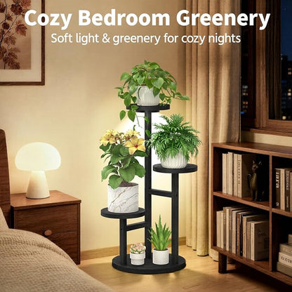 LASZOLA 3 Tiered Wood Plant Stand Indoor Corner with Grow Lights, Flower Holder Rack Tall for Multiple Plants, Rustic Planter Shelf Display for Patio Garden Balcony Living Room, Black