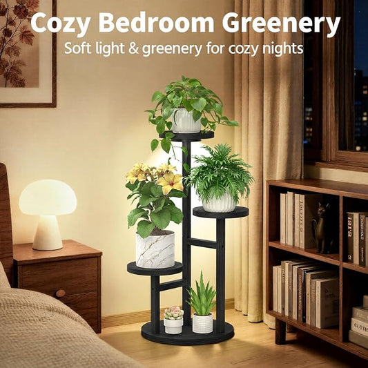 LASZOLA 3 Tiered Wood Plant Stand Indoor Corner with Grow Lights, Flower Holder Rack Tall for Multiple Plants, Rustic Planter Shelf Display for Patio Garden Balcony Living Room, Black