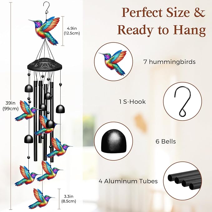 Hummingbird Wind Chimes for Outside,Soft Tone Black Metal Windchimes with Bells,Vivid Hummingbirds Decor for Garden Yard Patio,Memorial Sympathy Gifts for Women, Mom, Grandma,Bird Lovers in Gift Box