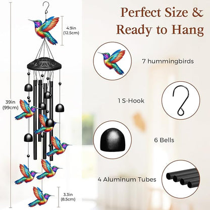 Hummingbird Wind Chimes for Outside,Soft Tone Black Metal Windchimes with Bells,Vivid Hummingbirds Decor for Garden Yard Patio,Memorial Sympathy Gifts for Women, Mom, Grandma,Bird Lovers in Gift Box