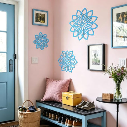 Zzbakress 3 Pieces Metal Flowers Wall Decor, Black Wall Decors Metal, Flower Art Wall Decor Farmhouse Wall Decorations Multiple Flowers Hanging Decor for Bathroom Living Room Home Kitchen Garden Office (Blue Elegant)