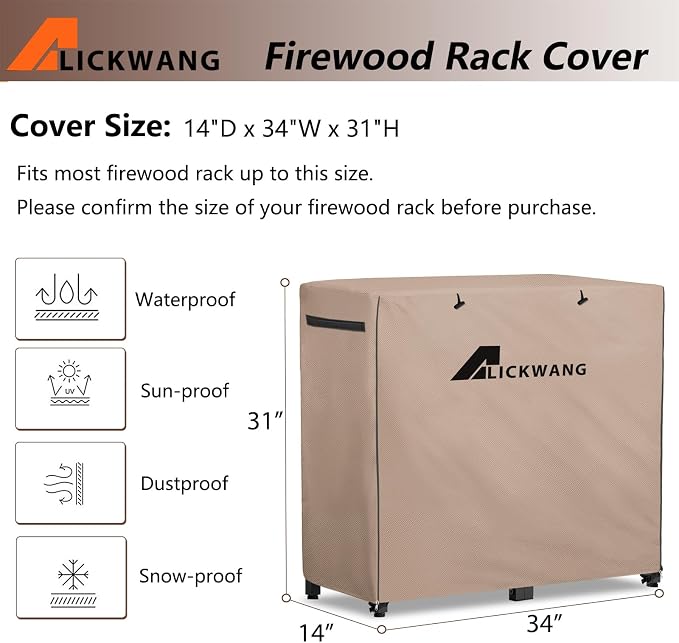 34Inch Firewood Rack Cover,Heavy Duty 600D Waterproof Outdoor Firewood Storage Rack Cover,All Weather Protection Outdoor Firewood Rac Cover.14 D x 34" W x 31" H. Khaki(Cover Only)