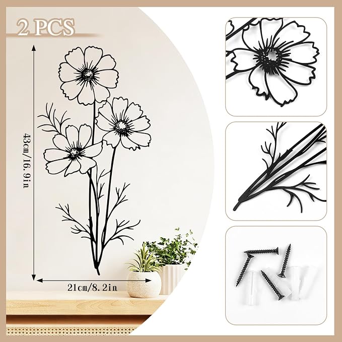 DETENE 2-Pack Black Silhouette Flower Metal Wall Art – Simple Minimalist Modern Decorative Metal Flower Wall Decor for Living Room, Bedroom, Office
