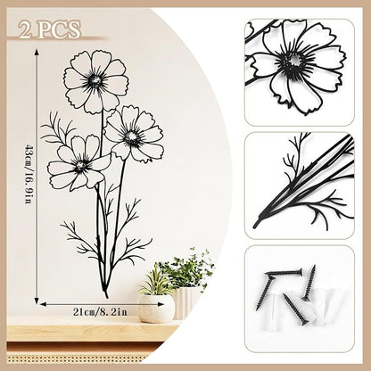 DETENE 2-Pack Black Silhouette Flower Metal Wall Art – Simple Minimalist Modern Decorative Metal Flower Wall Decor for Living Room, Bedroom, Office