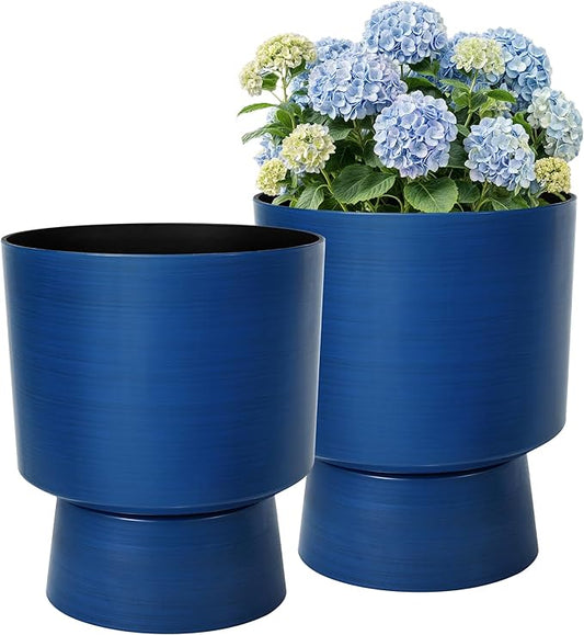 2-Pack 16.8" Brushed Blue Plastic Urn Planters with Detachable Bases | Set of 2 PP urn planters with brushed blue finish, detachable bases, drainage plugs, and UV-treated finish for porch
