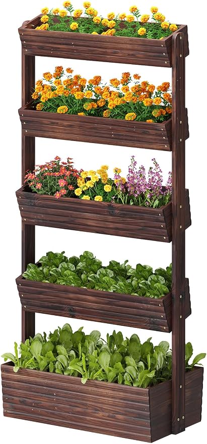 GHWIE Wooden Garden Planter Box, Raised Bed with Vertical Plant Rack, Indoor Outdoor Flower Herb Vegetable Stand (Carbonized, 5 Tier)