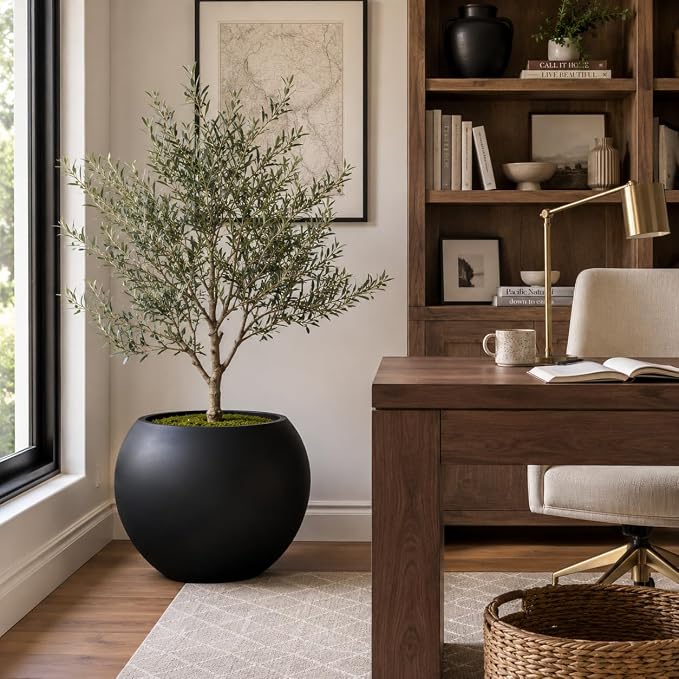 17" H x 21" Dia Black Fiberstone Planter Pot with Drainage Hole, Extra Large Indoor Outdoor Flower Pot for Artificial Olive Trees, Large Plants & Shrubs, Decorative Planter for Patio, Porch & Garden