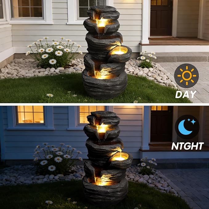 25.6" Outdoor Waterfall Fountain,Small Outdoor Fountain with LED Lights, Cascading Rock Design Garden Water Feature, freestanding Resin Fountain for Patio Backyard Porch Decor