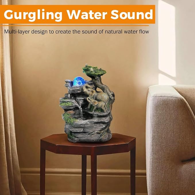 BEAMNOVA Tabletop Fountain, Indoor Water Feature with Elephant Sculpture & Spinning Ball, Feng Shui Relaxation Fountain for Home Office Desk Decor, Soothing Water Sounds, Quiet Pump