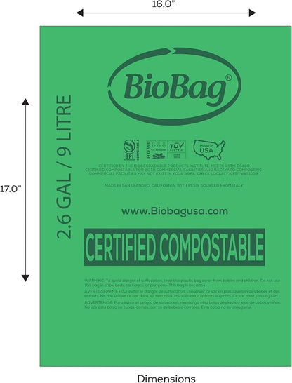 2.6 Gallon Compostable Food Scrap Bags by BioBag, 100 Count, BPI Certified, Meets ASTM D6400 Standards, Made in USA, Kitchen Counter Bin Liners