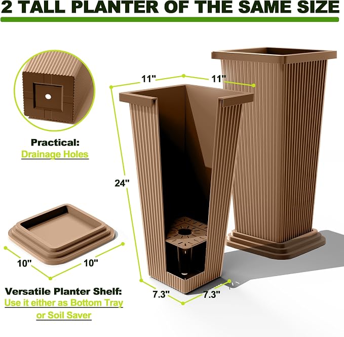 FENCY Set of 2 Tall Planters for Outdoor Plants, Brown Ribbed | 24 Inch, with Drainage Hole & Trays, Plastic Tapered Pots, Weather-Resistant, Front Door Decor