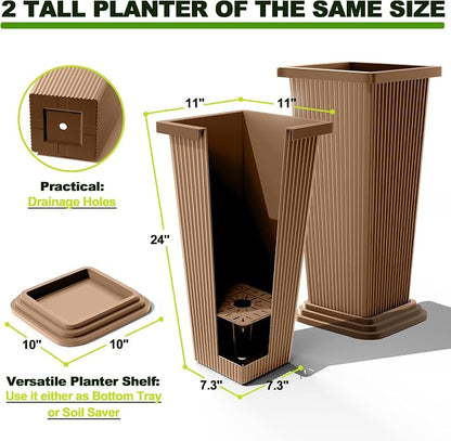 FENCY Set of 2 Tall Planters for Outdoor Plants, Brown Ribbed | 24 Inch, with Drainage Hole & Trays, Plastic Tapered Pots, Weather-Resistant, Front Door Decor