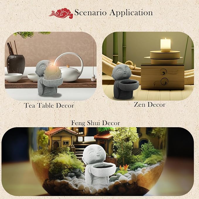 Sandstone Buddha Statue Candle & Incense Cone Holder, Small Jizo Figurine for Home Decor, Tiny Buddha Zen Monk Tealight Holder for Desk, Shelf or Nightstand, 3.5" H Mini Stone Decor Gift