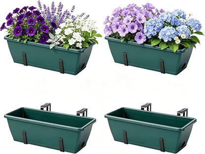 Railing Planter Box 4 Pack Deck Porch Railing Planters 17 inch Window Boxes Planters with Adjustable Brackets, Hanging Wall Planters for Plants, Fence Apartment Balcony Patio Over Rail Decor, Green