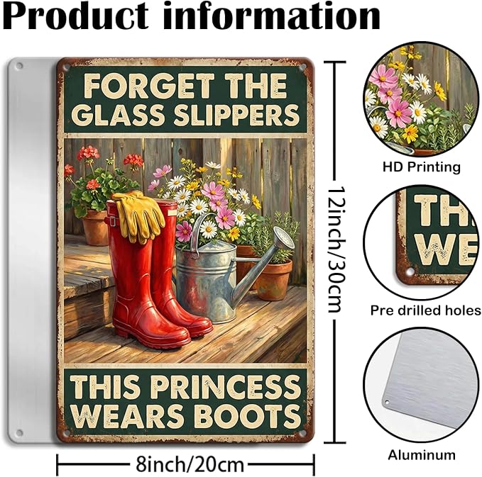 Garden Decor Sign This Princess Wears Boots Wall Art | Garden Enthusiasts • Porch Patio Display • Garden Theme • Rustic Farmhouse Style • UV Printed • 8x12 Inch