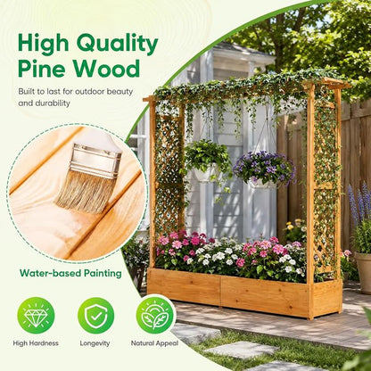 Giantex Raised Garden Bed with Trellis & Hanging Roof, 77" Wooden Elevated Planter Box w/Drainage Holes, Freestanding Garden Planter for Climbing Plants Vegetable Herb Flower, Patio Backyard Garden