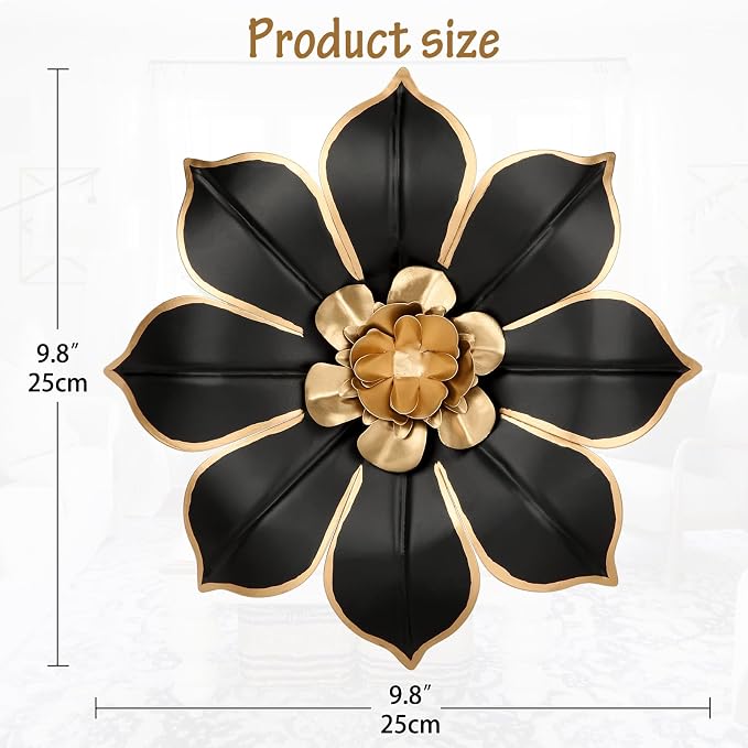 10" Metal Flowers Wall Decor, Black & Gold 3D Floral Metal Wall Art Decor for Inoor & Outdoor Use, Vintage & Modern Walls Arts for Bathroom, Living Room, Bedroom, Office, Garden, Patio, Porch, 1 Piece