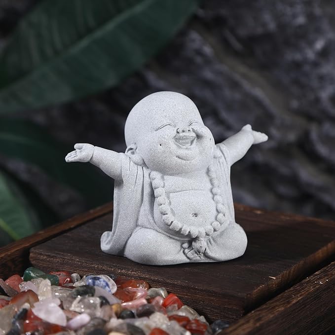 Laughing Buddha, Buddha Statue for Home, Feng Shui Decor for Zen Garden, Sandstone Small Laughing Buddha Statue for Good Luck Decorations, Zen Decor for Home Outdoor Garden Office (Laughing Buddha)