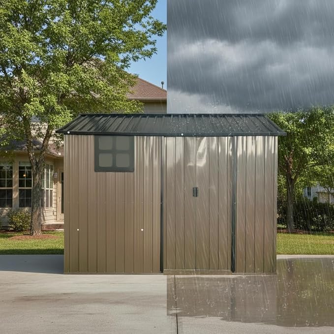 8x6 FT Outdoor Storage Shed,Galvanized Steel Heavy Duty Metal Tool Shed with Window & Vents,Sliding Door,Weatherproof Utility Shed for Backyard Patio Lawn,Brown