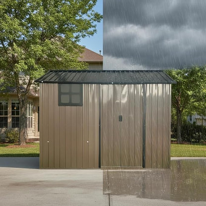 8x6 FT Outdoor Storage Shed,Galvanized Steel Heavy Duty Metal Tool Shed with Window & Vents,Sliding Door,Weatherproof Utility Shed for Backyard Patio Lawn,Brown