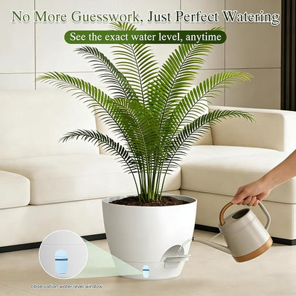 Plant Pots, 1 Pack 12 Inch Self Watering Pots with Drainage Holes, Water Level Indicator Deep Reservoir, Large Planters for Indoor Outdoor Plants - White