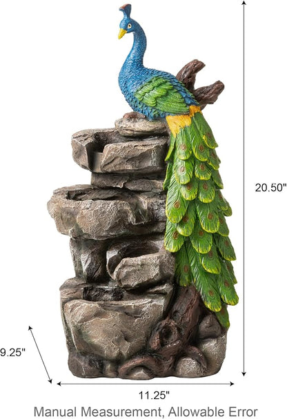 Glitzhome Outdoor Water Fountain with Lights, 4-Tierd Peacock W/Stacked Stone Outdoor Fountain, 20.5" H Polyresin Decorative Waterfall Feature Garden Fountain with Pump for Garden, Patio, Porch