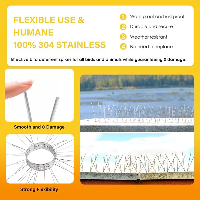 Bird Spikes,Stainless Steel for Outside Easy to Install - 15 Strips 17 Feet Coverage